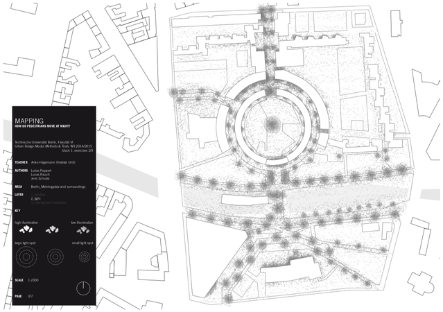 Mapping: How do pedestrians move at night? door Lucas Pappert, Lucas Rauch, Jens Schulze (2015) (bron: Urban Design Methods, Uitgeverij Jovis)
