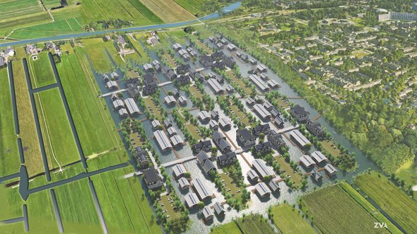 Vogelvluchtimpressie drijvende woonwijk ‘Veenetië’ door Zeinstra Veerbeek Architecten (bron: Zeinstra Veerbeek Architecten)