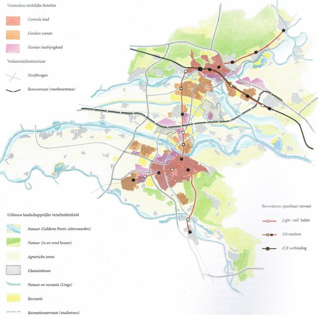 Figuur 1. De ontwikkelingskaart uit de Ontwikkelingsvisie Knooppunt Arnhem-Nijmegen met een groene 'verbindingszone' tussen Arnhem en Nijmegen. door Provincie Gelderland (1993) (bron: Provincie Gelderland (1993))