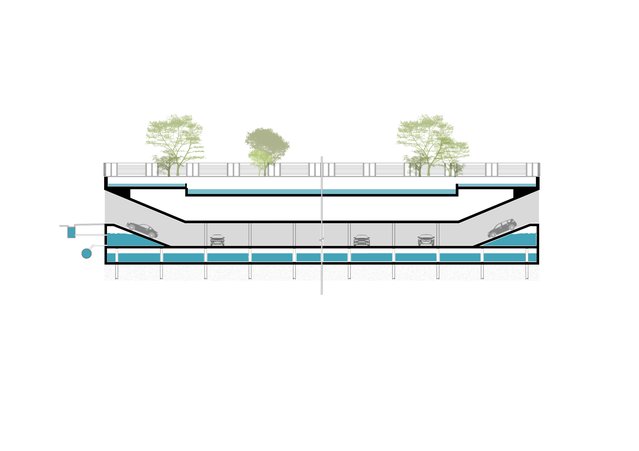 Doorsnede Parkeergarage Museumplein door Saeed Sakhdari en Stefan Al (bron: Article Stefan Al)