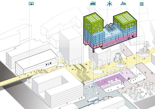 Bij de ontwikkeling van logistieke ruimte dient rekening gehouden te worden met de stedelijke uitstraling. Aan de randen zitten functies met open gevels, en leveranciers kunnen in het gebouw laden en lossen. door FABRICations / TNO (bron: FABRICations / TNO)