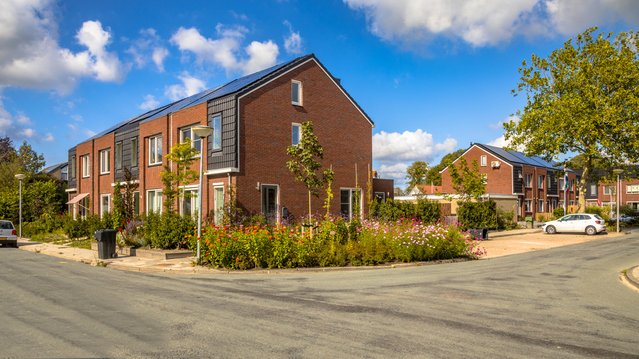 Rijtjeshuizen met bloemenveldje door Rudmer Zwerver (bron: Shutterstock)