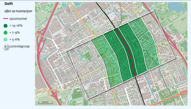 Delft: effect ondertunneling spoor op huizenprijzen door CPB (bron: CPB)