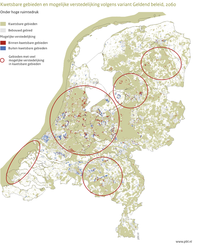 Kwetsbare gebieden en mogelijke verstedelijking volgens variant Geldend beleid, 2060 door PBL (bron: PBL)