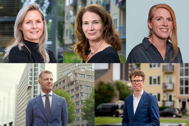 Van linksboven naar rechtsonder: Esther Fleers, Kirsten Dubbelman, Mirjam Nielsen, Gijsbert van Herk & Martijn Balster door Heijmans, Haag Wonen, BPD, Staedion en gemeente Den Haag (bron: Heijmans, Haag Wonen, BPD, Staedion en gemeente Den Haag)