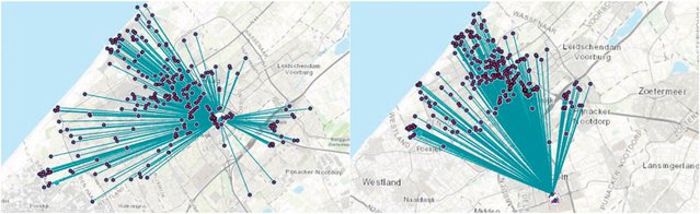 Afstanden van slooplocaties en naar bouwlocaties naar de betonmolen in Den Haag (links) en Delft (rechts) door Karel Van den Berghe (bron: Van den Berghe & Verhagen (2021))