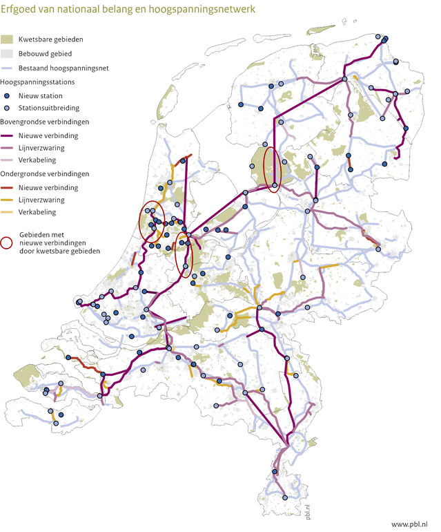Erfgoed van nationaal belang en hoogspanningsnetwerk door PBL (bron: PBL)