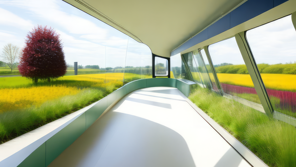 AI gegenereerd beeld van een trein die door het platteland gaat door Frederik van Schagen (bron: Gebiedsontwikkeling.nu)