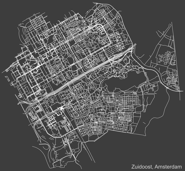 Detailed negative navigation urban street roads map on dark gray background of the quarter Zuidoost (Southeast) district of the Dutch capital city of Amsterdam, Netherlands door Momcilica (bron: Shutterstock)