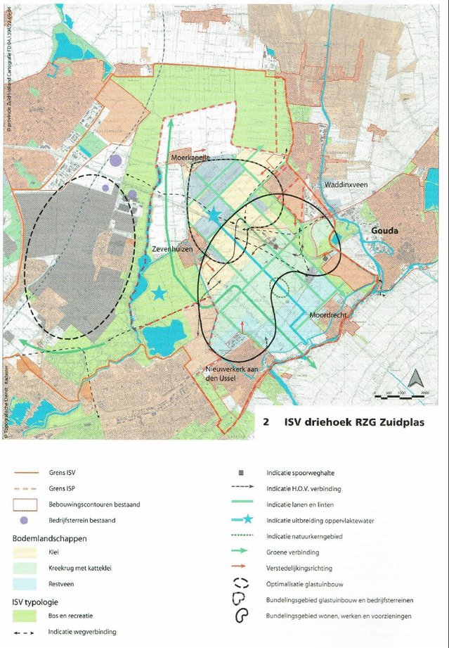 Figuur 3. Interregionale Structuurvisie (ISV) uit 2004 voor de driehoek c.q. regio tussen Rotterdam, Zoetermeer en Gouda. door Stuurgroep Driehoek RZG-Zuidplas (2004) (bron: Stuurgroep Driehoek RZG-Zuidplas (2004))