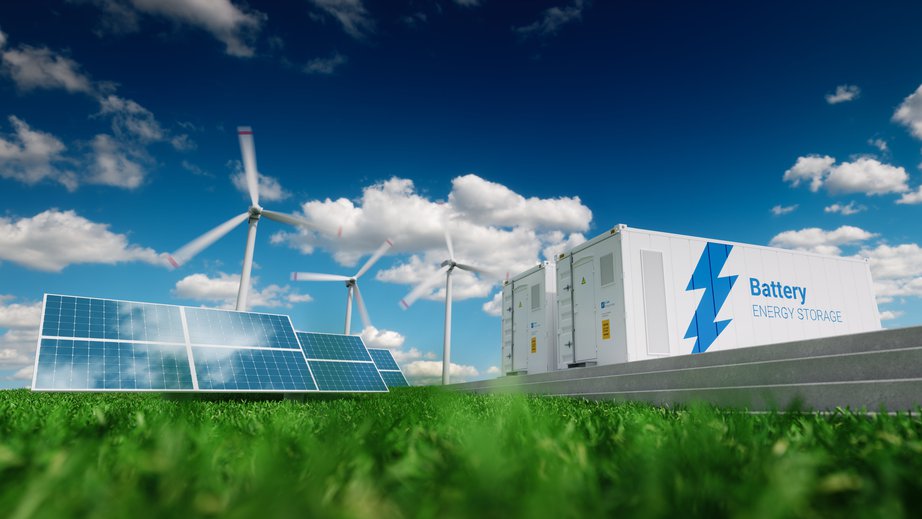 Concept van energieopslagsysteem. Hernieuwbare energie - fotovoltaïsche, windturbines en Li-ion batterijcontainer in frisse natuur. 3d rendering. door petrmalinak (Shutterstock)