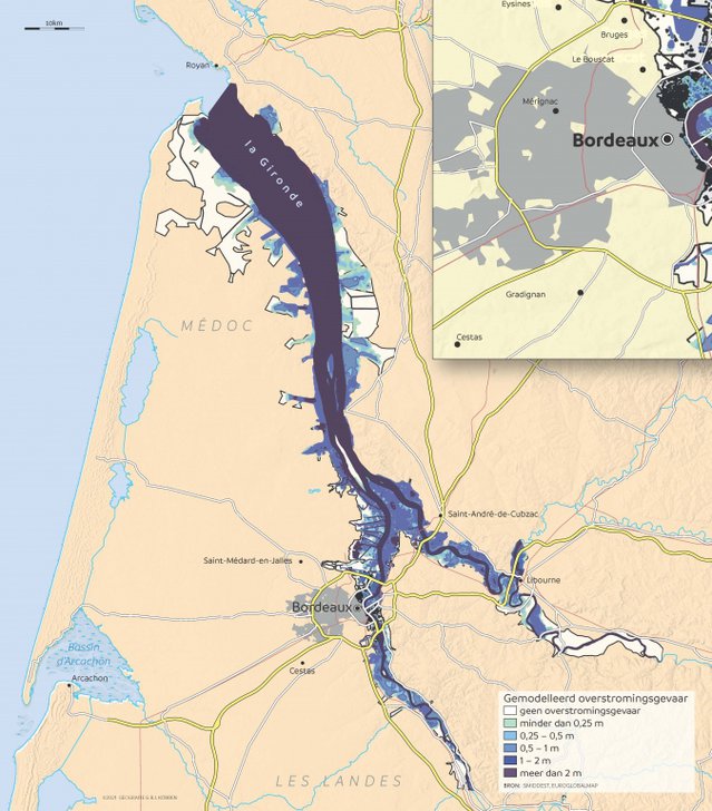 Overstromingsgevaar rond Bordeaux door Geografie.nl (bron: geografie.nl)