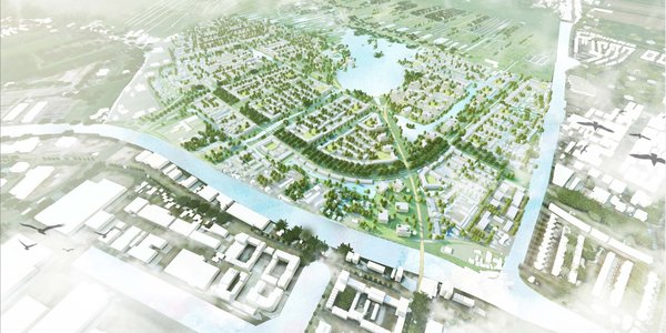 Impressie Vogelvlucht vanuit Rijnhaven op de Gnephoek door gemeente Alphen aan den Rijn (bron: gemeente Alphen aan den Rijn)