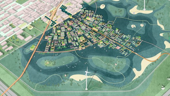 Fictieve drijvende stad casus Rijnenburg door PosadMaxwan (bron: PosadMaxwan)