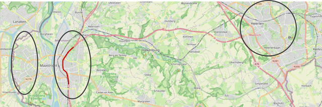 De drie onderzoeksgroepen in het natuurlijk experiment: Maastricht-Oost met de voormalige A2 in het rood, Maastricht-West en Heerlen. door Nicole Stappers (bron: Nicole Stappers)