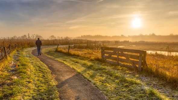 Wandelroute in mistig landpolderlandschap met voetgangers in verte nabij Groningen, Nederland door Rudmer Zwerver (bron: Shutterstock)