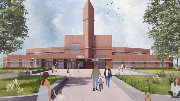 Impressie van het ontwerp van IKC Meeroevers door ZOETMULDER (zoetmulder.eu) in opdracht van gemeente Groningen, VCOG en Bureau Meerstad. door ZOETMULDER (bron: ZOETMULDER)