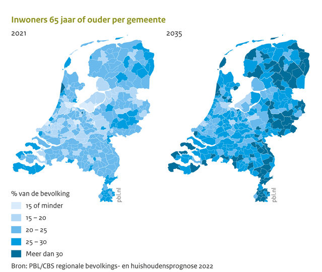 Figuur: inwoners 65 jaar of ouder per gemeente in 2021 en in 2035 door PBL/CBS (bron: PBL/CBS)