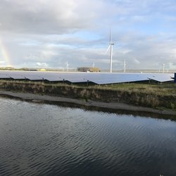 Zonneveld met windmolens en regenboog door Noël van Dooren (bron: Noël van Dooren)