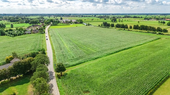 Aerial drone view of green fields and farm houses near canal from above, Netherlands door JaySi (bron: Shutterstock)