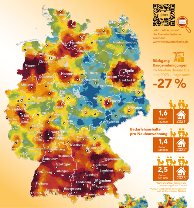 Hittekaart woningmarkt Duitsland 2024 door BPD Duitsland (bron: BPD Duitsland)