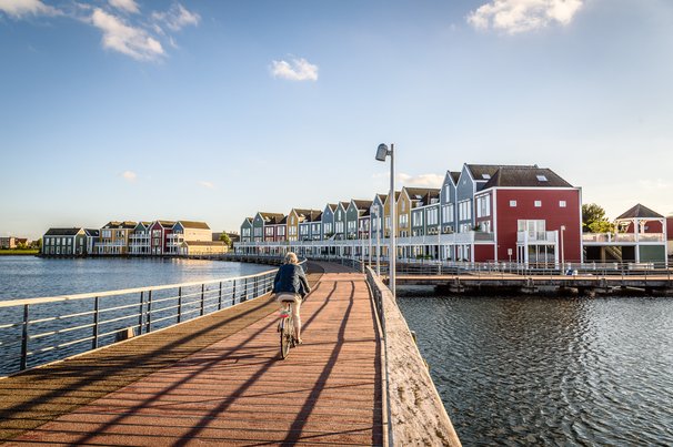 Fietser bij de gekleurde huisjes in Houten door JJFarq (bron: Shutterstock)