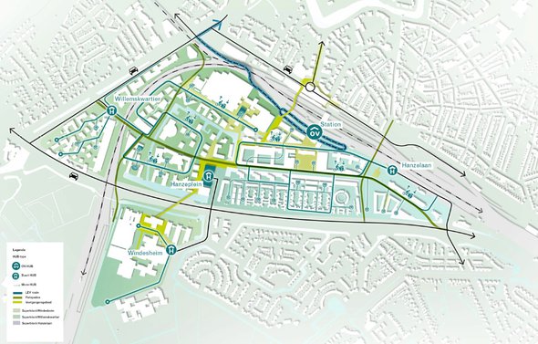 Overzicht van een mogelijk logistiek netwerk met logistieke hubs aan de randen, microhubs verspreid door de wijk en een toegespitst netwerk dat alles verbindt door FABRICations / TNO (bron: FABRICations / TNO)