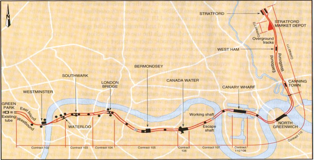 Jubilee Line Extension door Omega Centre (bron: Bartlett School of Planning)