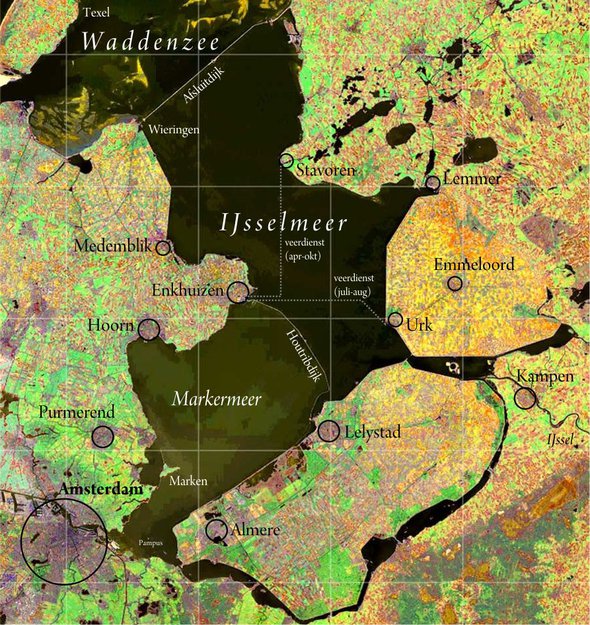 IJsselmeer. Satellietopname: Nasa Visible Earth door NASA edited by Ed Stevenhagen (bron: Commons Wikimedia)