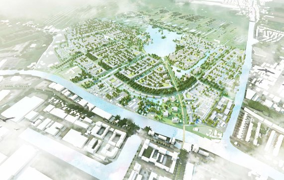 Impressie Vogelvlucht vanuit Rijnhaven op de Gnephoek door gemeente Alphen aan den Rijn (bron: gemeente Alphen aan den Rijn)