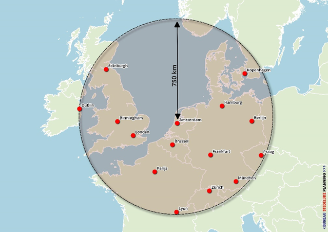 Steden binnen 750 km van Amsterdam waar een HSL-verbinding een alternatief vormt voor vliegen