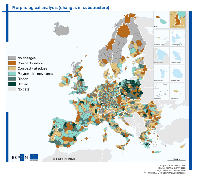 Figuur 3, de drie verstedelijkingsvormen verspreid over de EU-lidstaten door David Evers, Ivana Katurić, Ries van der Wouden (bron: Urbanization in Europe)
