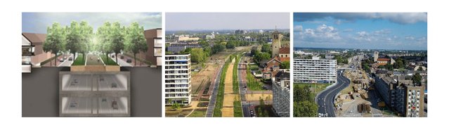 Afbeelding 1-3. Van links naar rechts; schematisch overzicht tunnel en Groene Loper; Tijdelijke situatie snelweg ten tijde van de bouw van de tunnel; Situatie vlak na de opening van de Groene Loper in 2018 door Avenue2 (Links) en Projectbureau A2 Maastricht (Midden en Rechts) (bron: Avenue2 en Projectbureau A2 Maastricht)