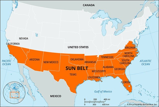 Kaart Sunbelt Amerika door Brittanica (bron: Brittanica)