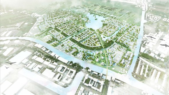 Impressie Vogelvlucht vanuit Rijnhaven op de Gnephoek door gemeente Alphen aan den Rijn (bron: gemeente Alphen aan den Rijn)