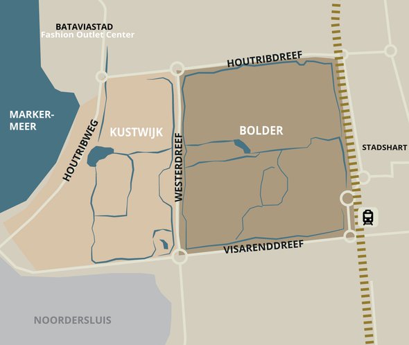 Kaart Lelystad door Ineke Lammers (bron: gebiedsontwikkeling.nu)