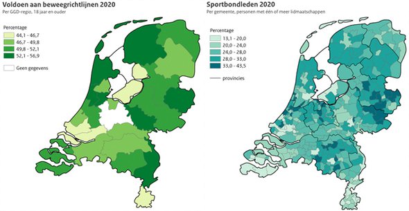 Kaart beweegrichtlijnen en sportbondleden in 2020 door Sport Knowhow XL (bron: www.skxl.nl)