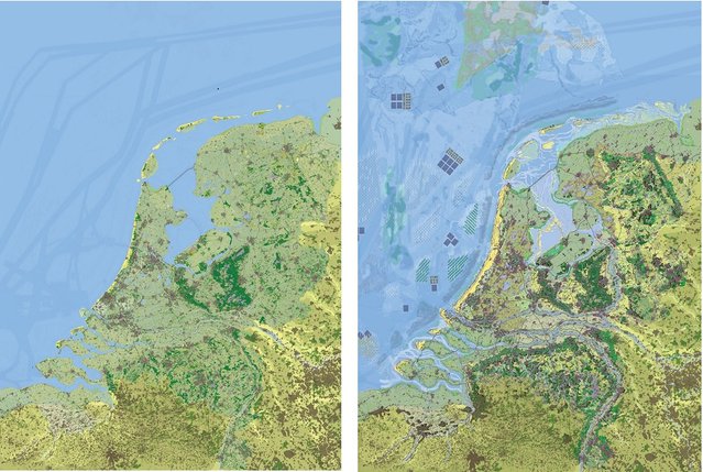 De kaart van Nederland in 2020 (links) en het toekomstbeeld van Nederland in 2120. (rechts) door Wageningen University & Research (bron: Wageningen University & Research)