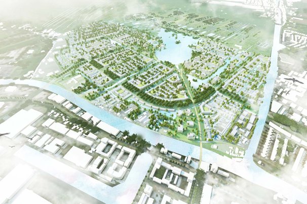 Impressie Vogelvlucht vanuit Rijnhaven op de Gnephoek door gemeente Alphen aan den Rijn (bron: gemeente Alphen aan den Rijn)