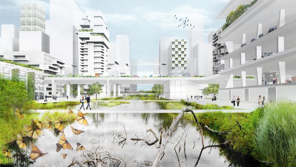 Visualisatie mogelijke toekomst voormalige Prins Alexanderlaan, Rotterdam. door Team CIAM XXI (bron: De stad van de toekomst)