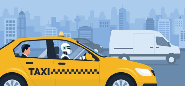 AI robot driving a taxi in the city street and passenger sitting in the back seat of the car door elenabsl (bron: Shutterstock)