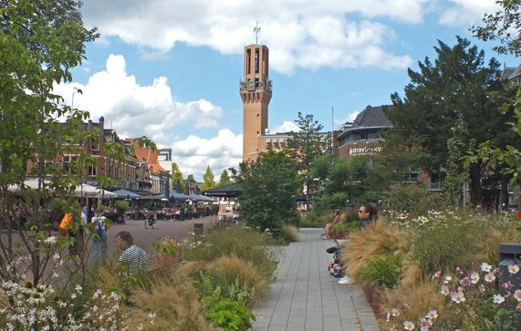 Kleurrijke kerktuin en stadhuistoren door Maarten Hoorn (bron: Maarten Hoorn)