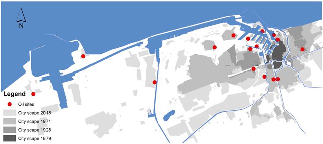 Stedelijk ontwikkeling van Duinkerken met plaatsen voor olie-industrie door Stephan Hauser (bron: tudelft.nl)