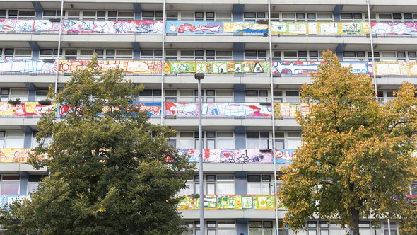 Gijsingflats, opgevrolijkt door een buurtkunstproject van Krista Burger en Kenneth Letsoin ism Foundation Mesh, Rotterdam door Florian Braakman (bron: Florian Braakman)