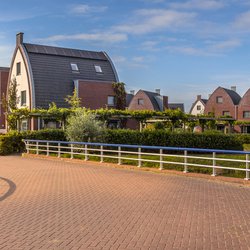 Voorstedelijk gebied met moderne familiehuizen in een kindvriendelijke buurt met bomen en tuinen door Rudmer Zwerver (bron: Shutterstock)