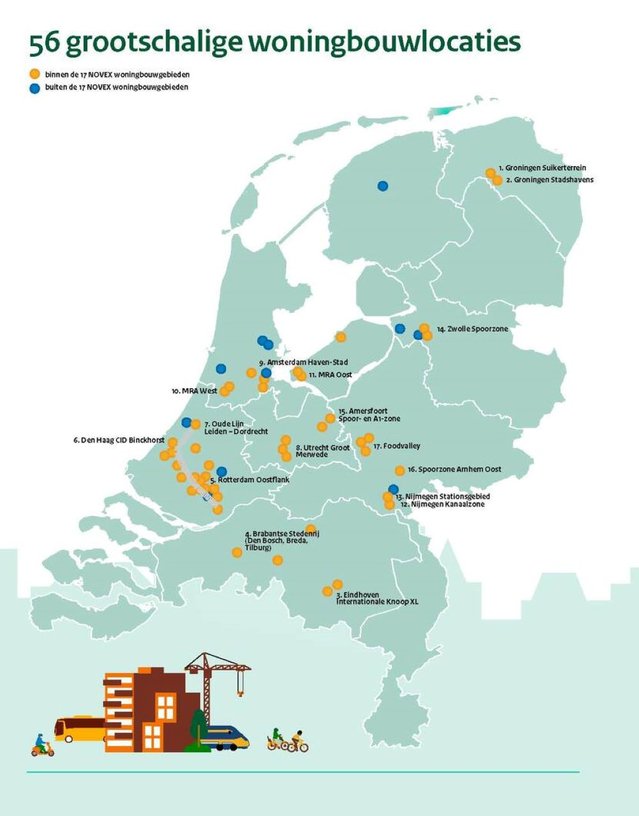 Kaart met 56 grootschalige woningbouwlocaties tot 2030 door Ministerie van BZK (bron: Ministerie van BZK)