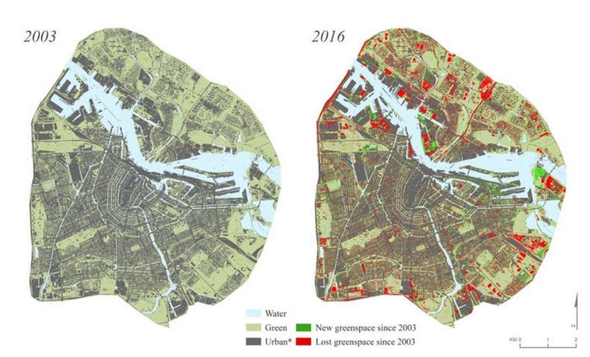 In rood afname van ‘groen’ in Amsterdam tussen 2003 – 2016 door M. Giezen et al., 2018 (bron: Using Remote Sensing to Analyse Net Land-Use: Change of Conflicting Sustainability Policies: The Case of Amsterda;, M. Giezen et al., 2018)