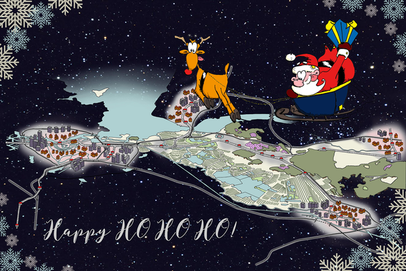 Santa en het perspectief op de Gooicorridor - kerstbewerking door Max Melching (kaart) en Jurjen Tjarks (kerstman) (bewerking door Ineke Lammers) (bron: Provincie Noord-Holland)